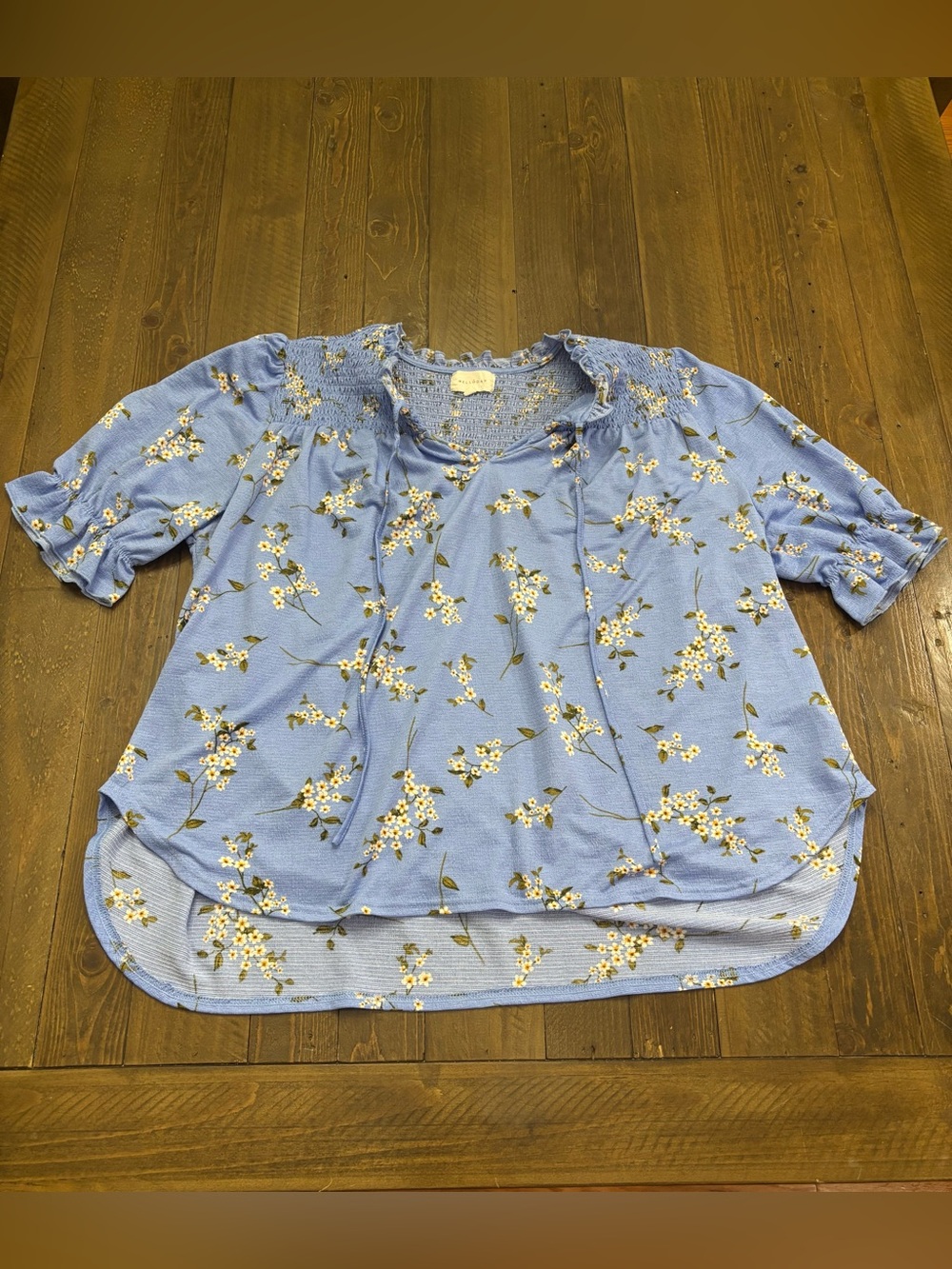MELLODAY Blue Floral Peasant Blouse with Smocked Yoke
